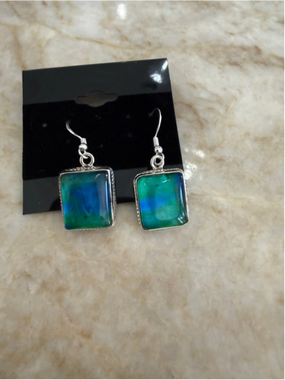 STERLING Artisan handmade Square Drop Earrings Blue Green